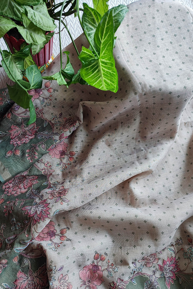 Sage Green Linen by Cotton Saree with Floral Embroidery & Printed Border