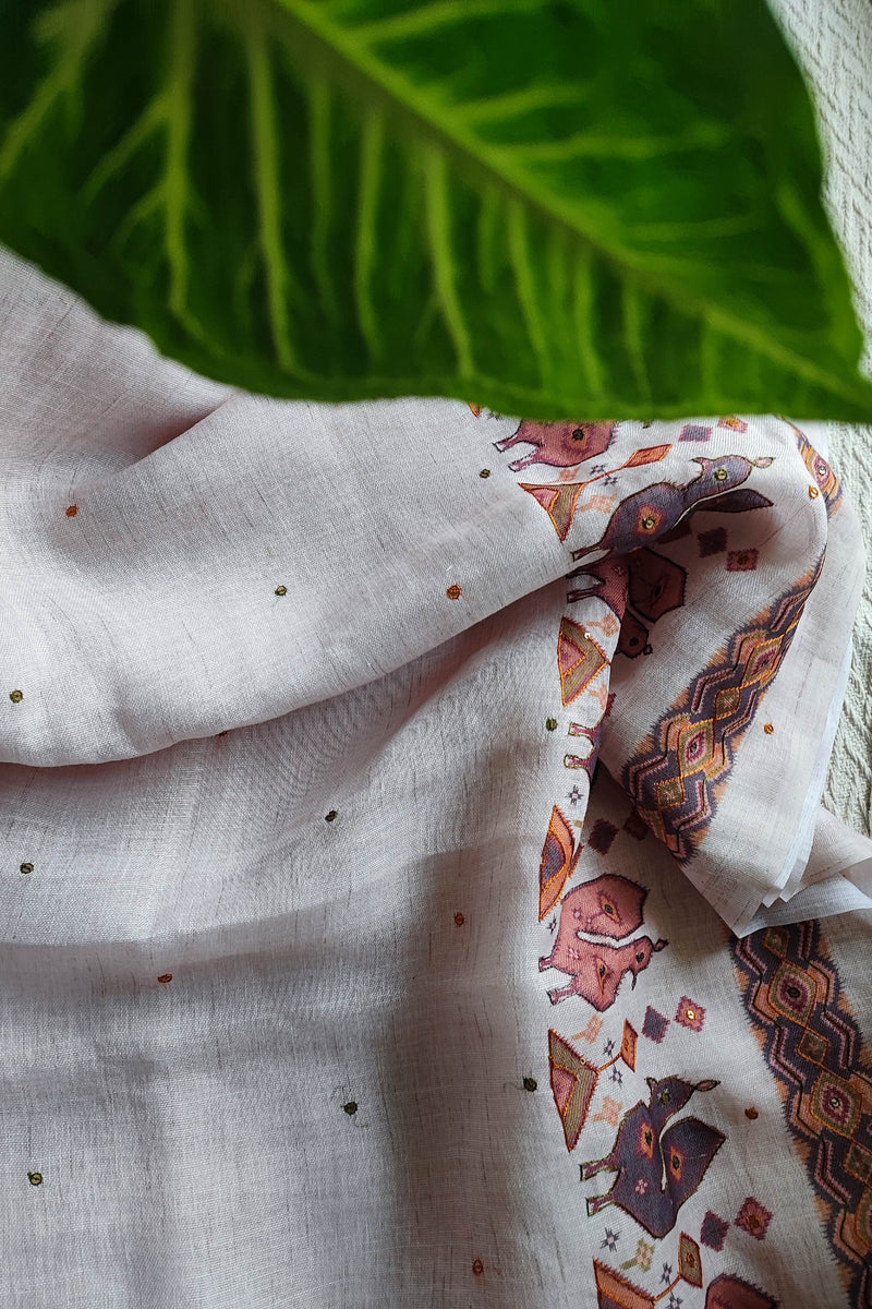 White Linen by Cotton Saree with Folk Print & Embellished Details