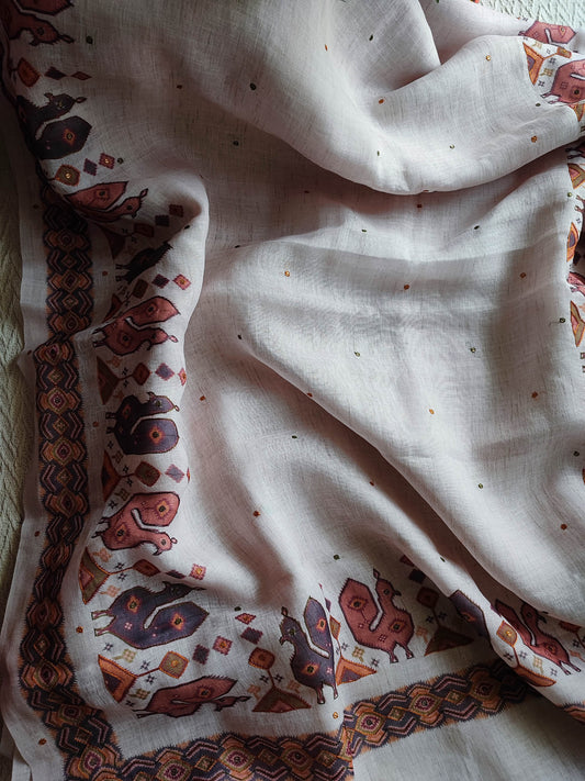 White Linen by Cotton Saree with Folk Print & Embellished Details