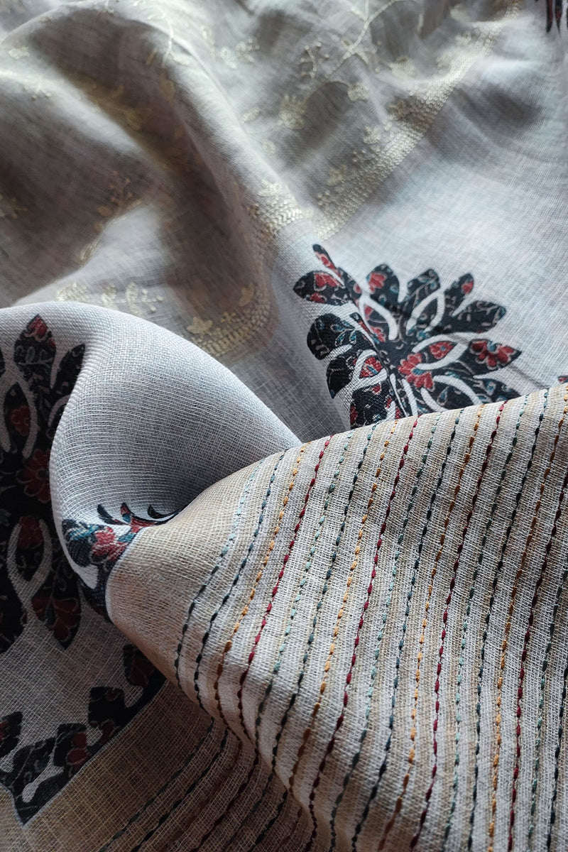 Ivory Linen by Cotton Saree with Gold Embroidery & Floral Printed Border