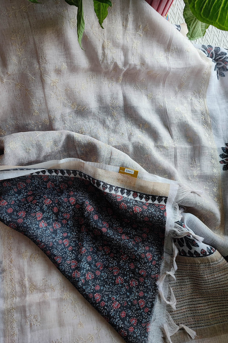 Ivory Linen by Cotton Saree with Gold Embroidery & Floral Printed Border