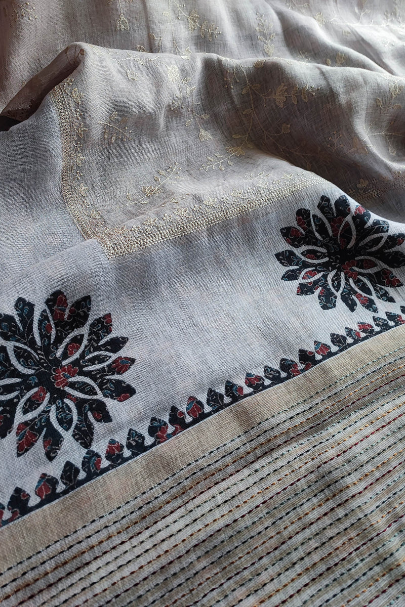 Ivory Linen by Cotton Saree with Gold Embroidery & Floral Printed Border