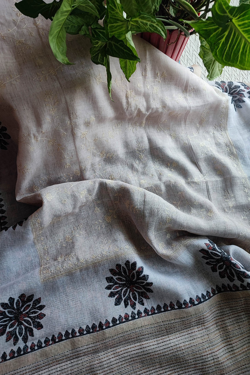 Ivory Linen by Cotton Saree with Gold Embroidery & Floral Printed Border