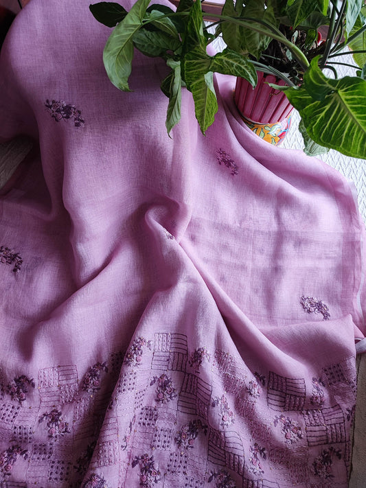 Lavender Pink Linen by Cotton Saree with Floral Embroidery & Embroidered Border