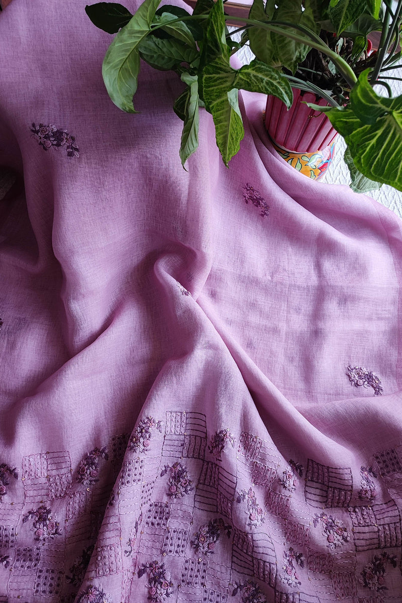 Lavender Pink Linen by Cotton Saree with Floral Embroidery & Embroidered Border