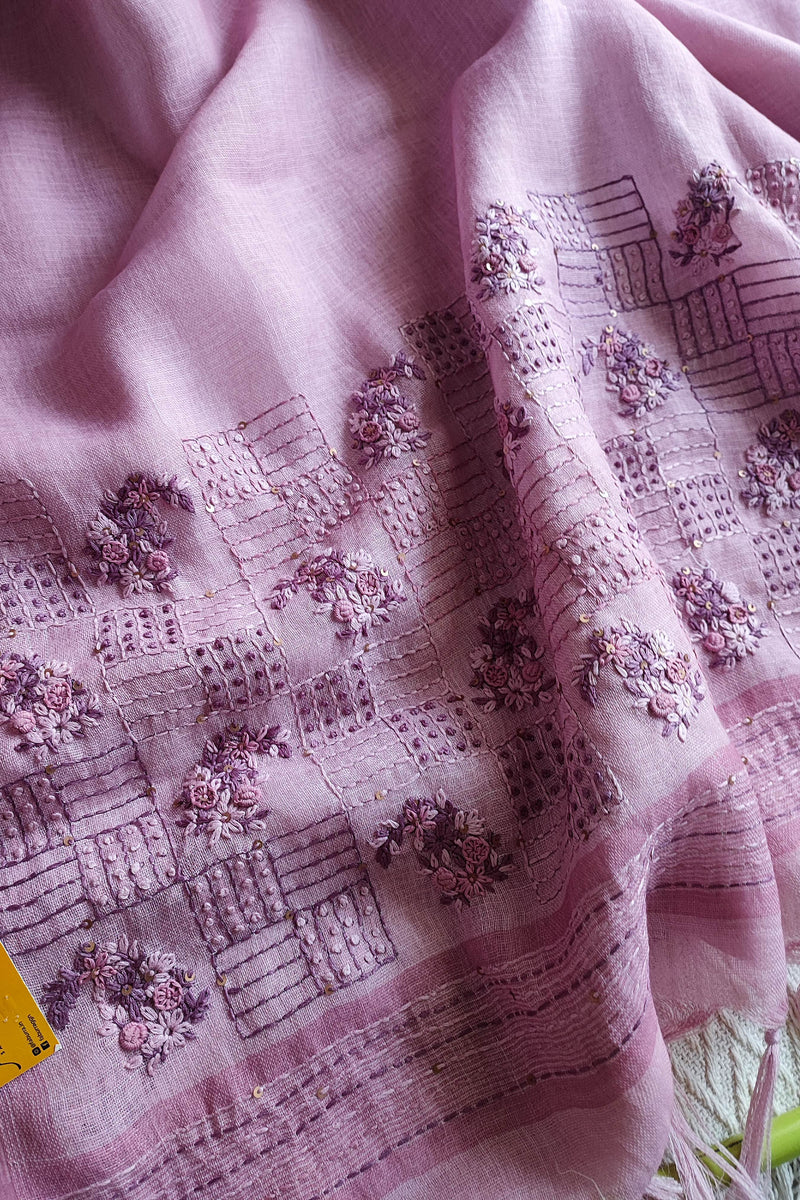 Lavender Pink Linen by Cotton Saree with Floral Embroidery & Embroidered Border