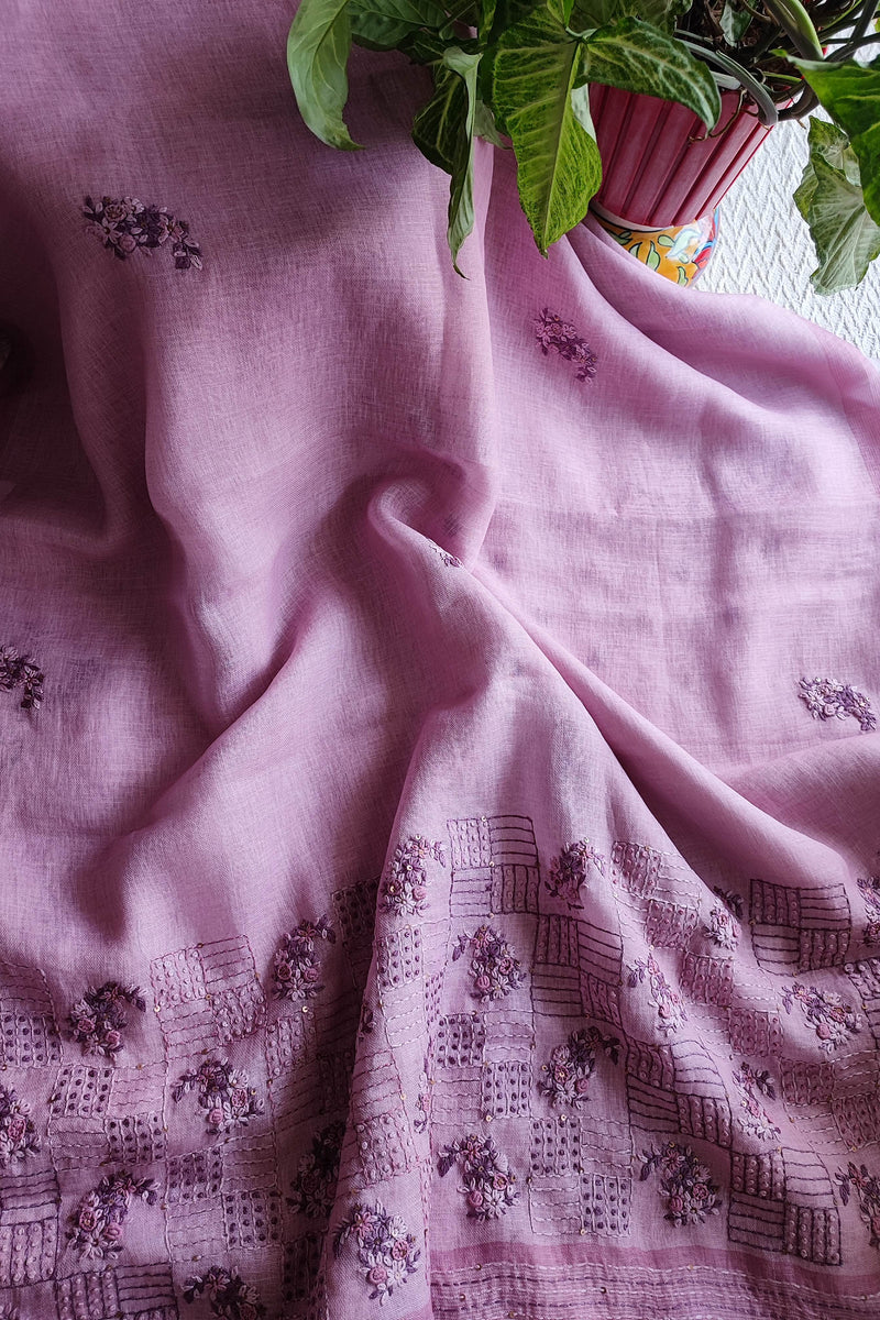 Lavender Pink Linen by Cotton Saree with Floral Embroidery & Embroidered Border