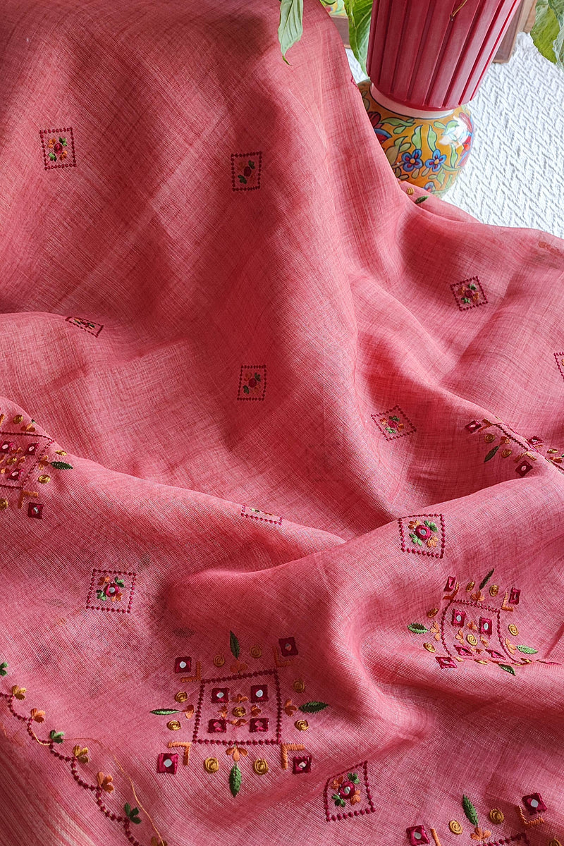 Pink Linen by Cotton Saree with Multicolour Floral Embroidery & Handwork Detailing