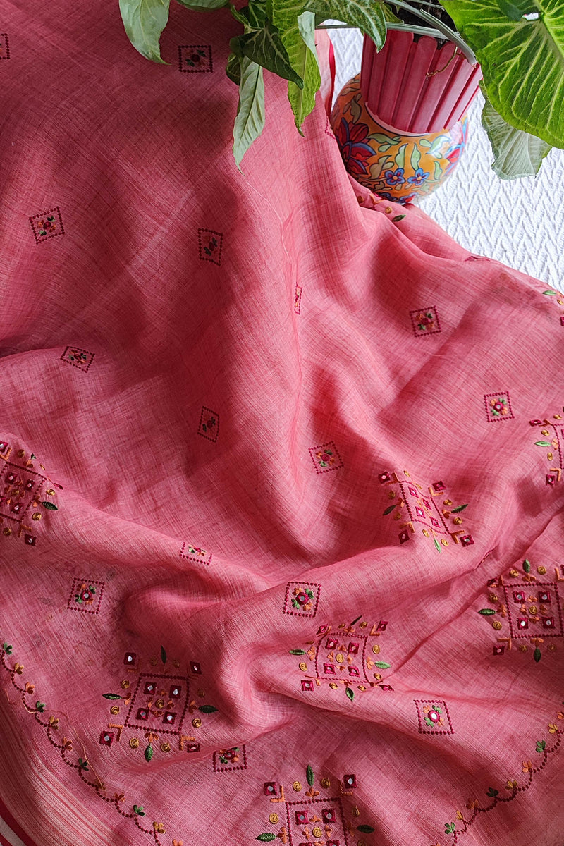 Pink Linen by Cotton Saree with Multicolour Floral Embroidery & Handwork Detailing
