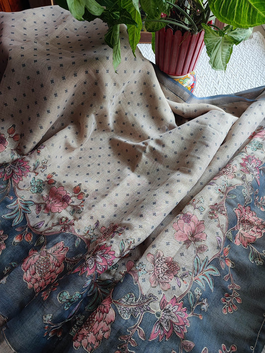 Grey Linen by Cotton Saree with Floral Printed Border & Blue Floral Detailing