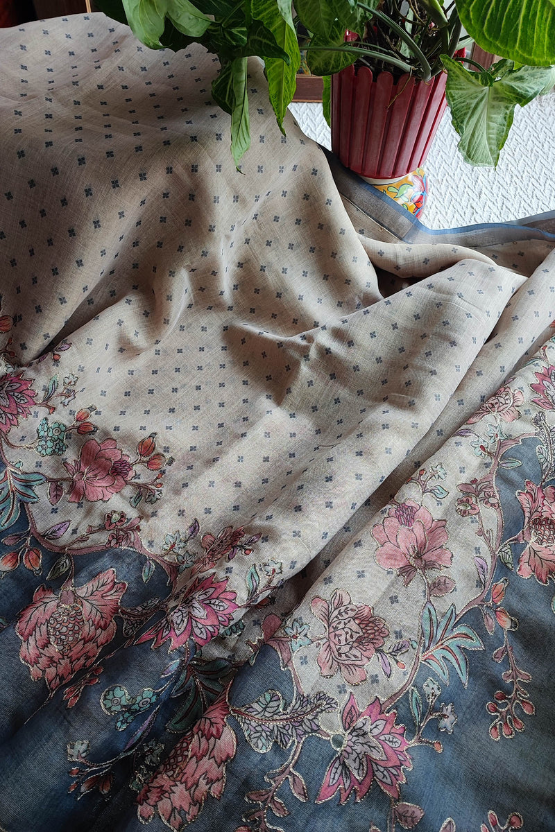 Grey Linen by Cotton Saree with Floral Printed Border & Blue Floral Detailing