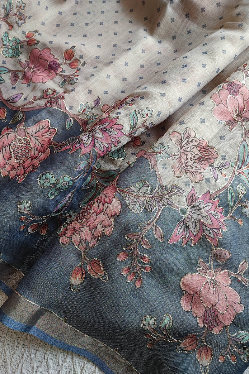 Grey Linen by Cotton Saree with Floral Printed Border & Blue Floral Detailing