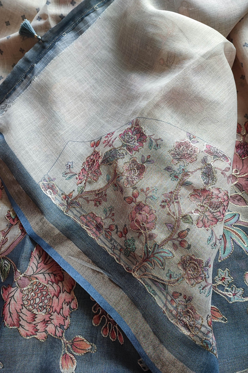 Grey Linen by Cotton Saree with Floral Printed Border & Blue Floral Detailing