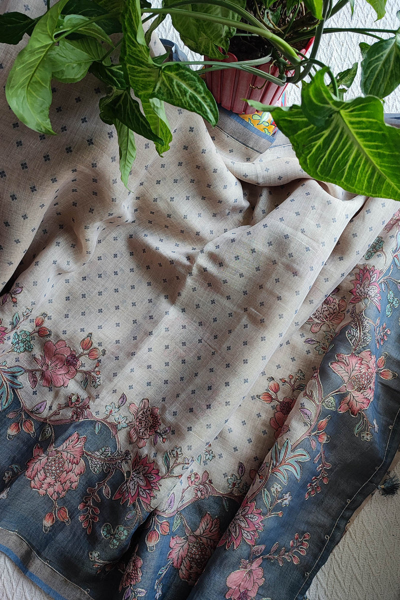 Grey Linen by Cotton Saree with Floral Printed Border & Blue Floral Detailing
