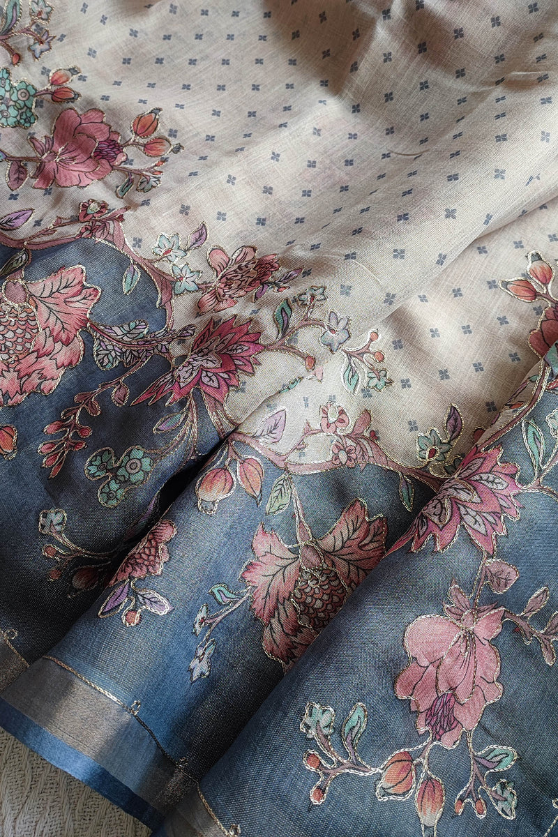 Grey Linen by Cotton Saree with Floral Printed Border & Blue Floral Detailing
