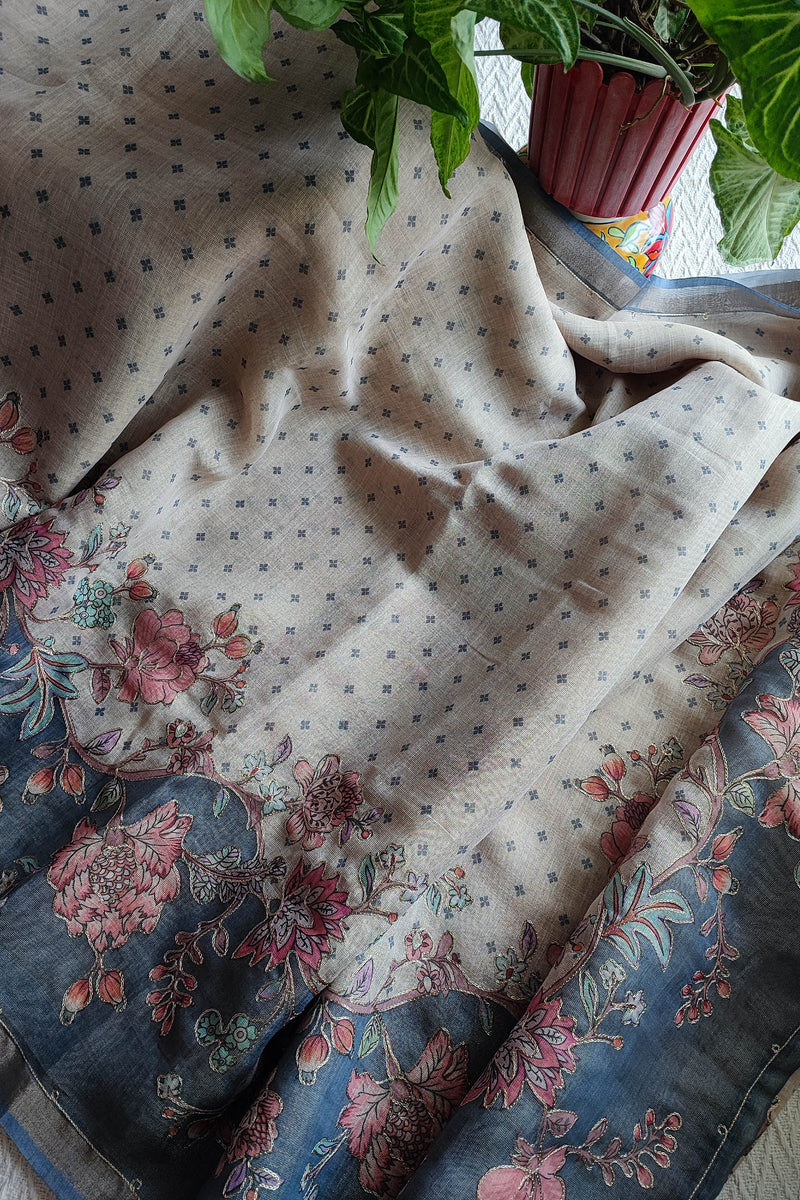 Grey Linen by Cotton Saree with Floral Printed Border & Blue Floral Detailing