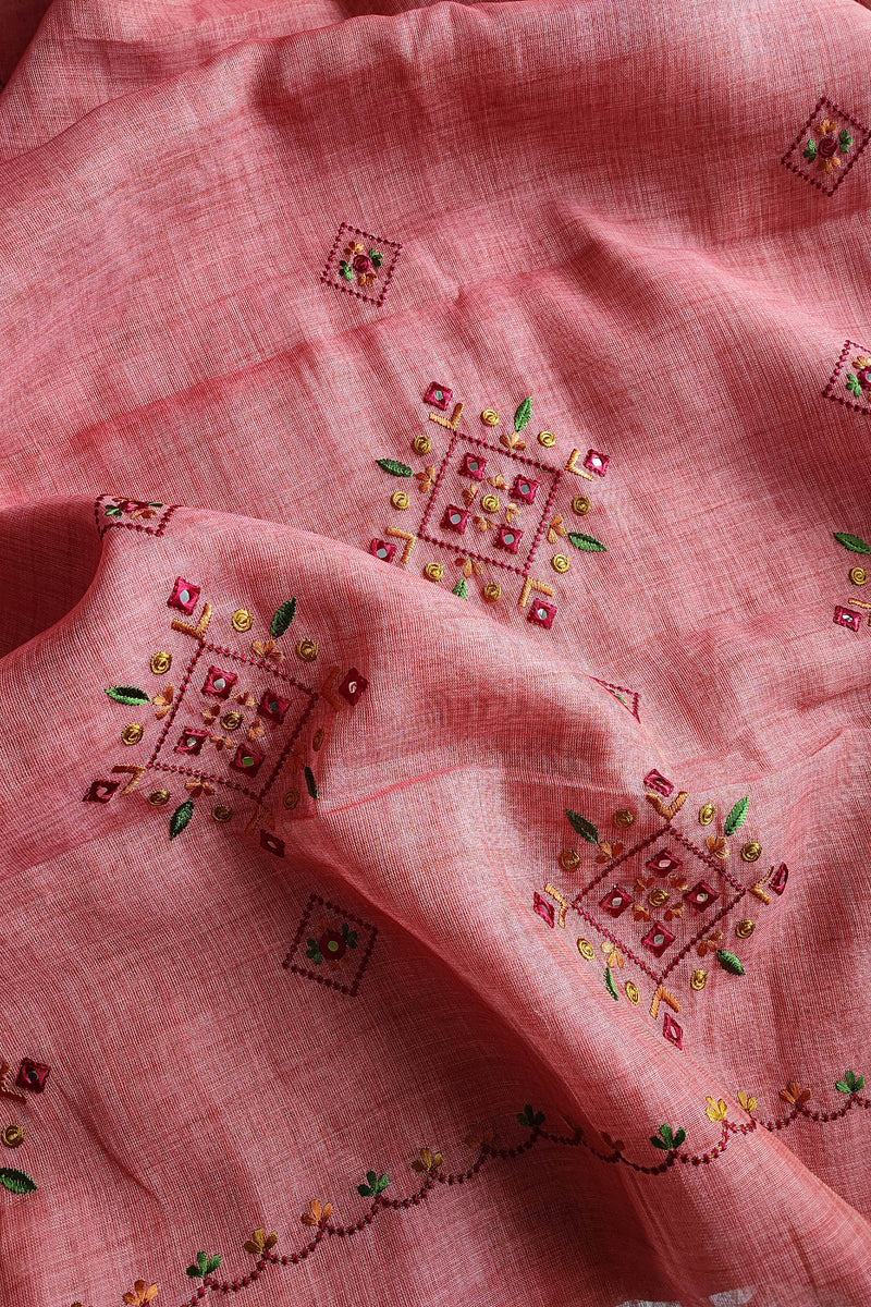 Pink Linen by Cotton Saree with Multicolour Floral Embroidery & Handwork Detailing