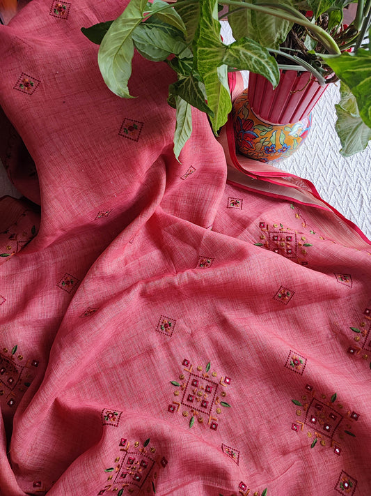 Pink Linen by Cotton Saree with Multicolour Floral Embroidery & Handwork Detailing
