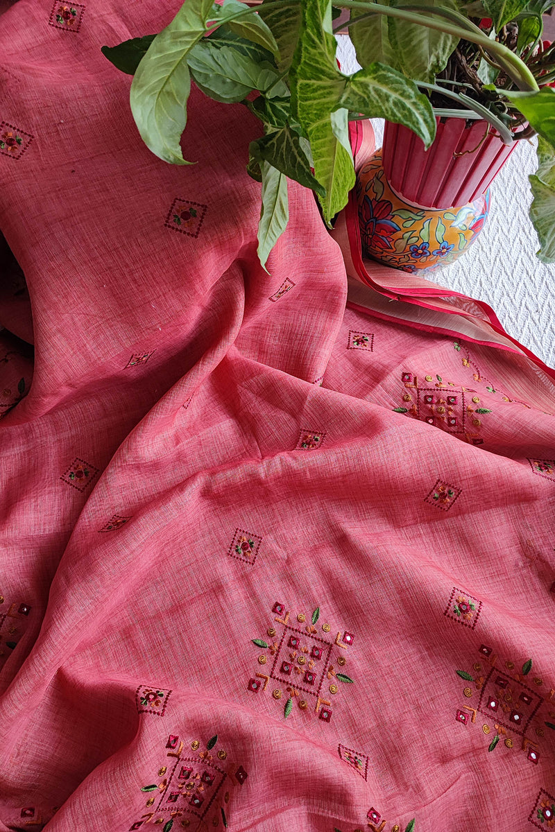 Pink Linen by Cotton Saree with Multicolour Floral Embroidery & Handwork Detailing