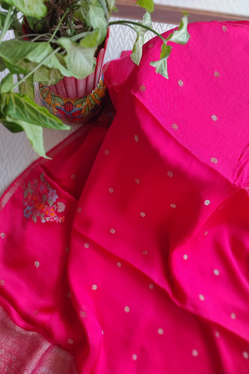 Rani Pink Crepe Silk Saree with Golden Buti Motifs & Woven Border
