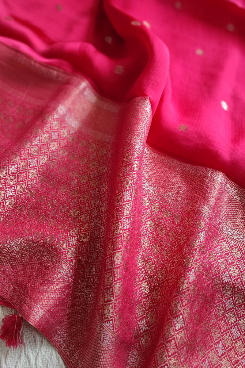 Rani Pink Crepe Silk Saree with Golden Buti Motifs & Woven Border