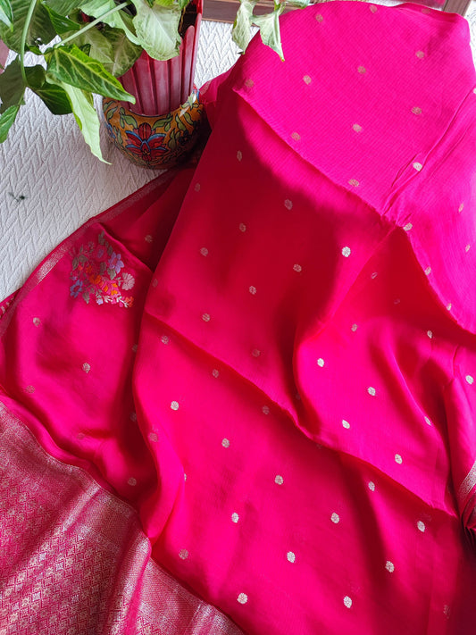 Rani Pink Crepe Silk Saree with Golden Buti Motifs & Woven Border