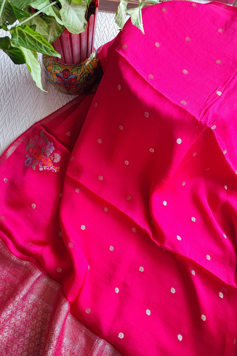 Rani Pink Crepe Silk Saree with Golden Buti Motifs & Woven Border