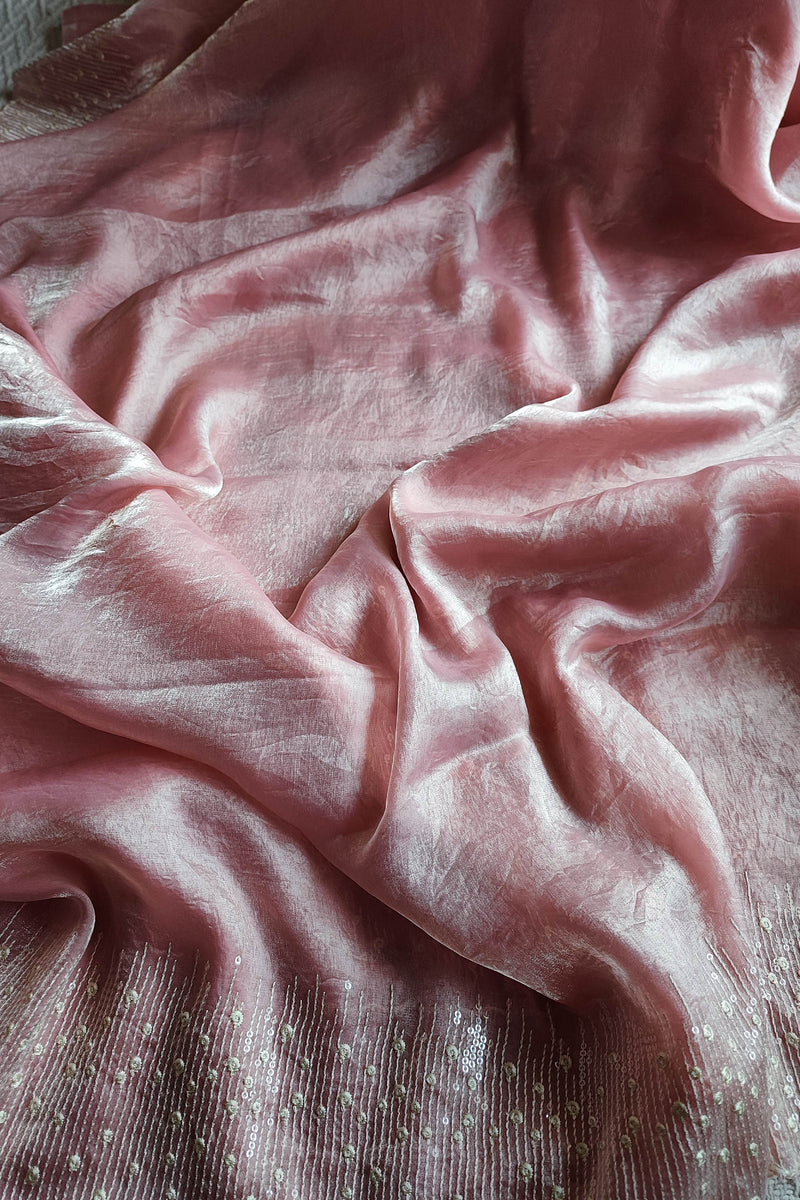 Blush Pink Crepe Silk Saree with Elegant Embellished Border