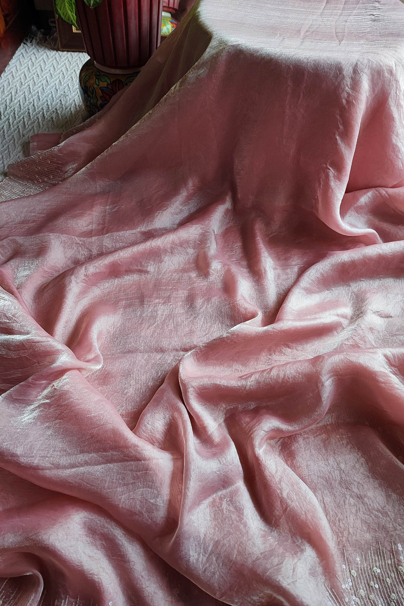 Blush Pink Crepe Silk Saree with Elegant Embellished Border