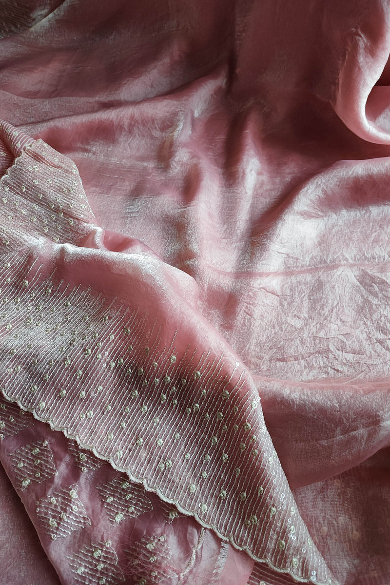 Blush Pink Crepe Silk Saree with Elegant Embellished Border