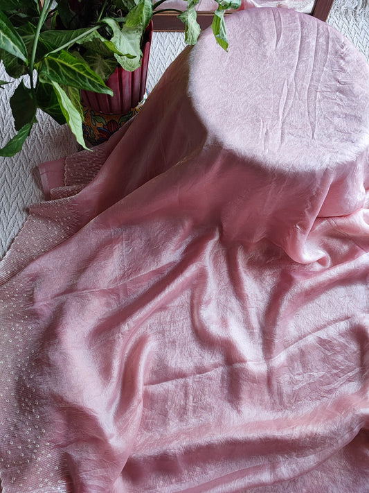 Blush Pink Crepe Silk Saree with Elegant Embellished Border