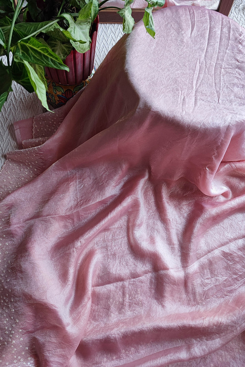 Blush Pink Crepe Silk Saree with Elegant Embellished Border