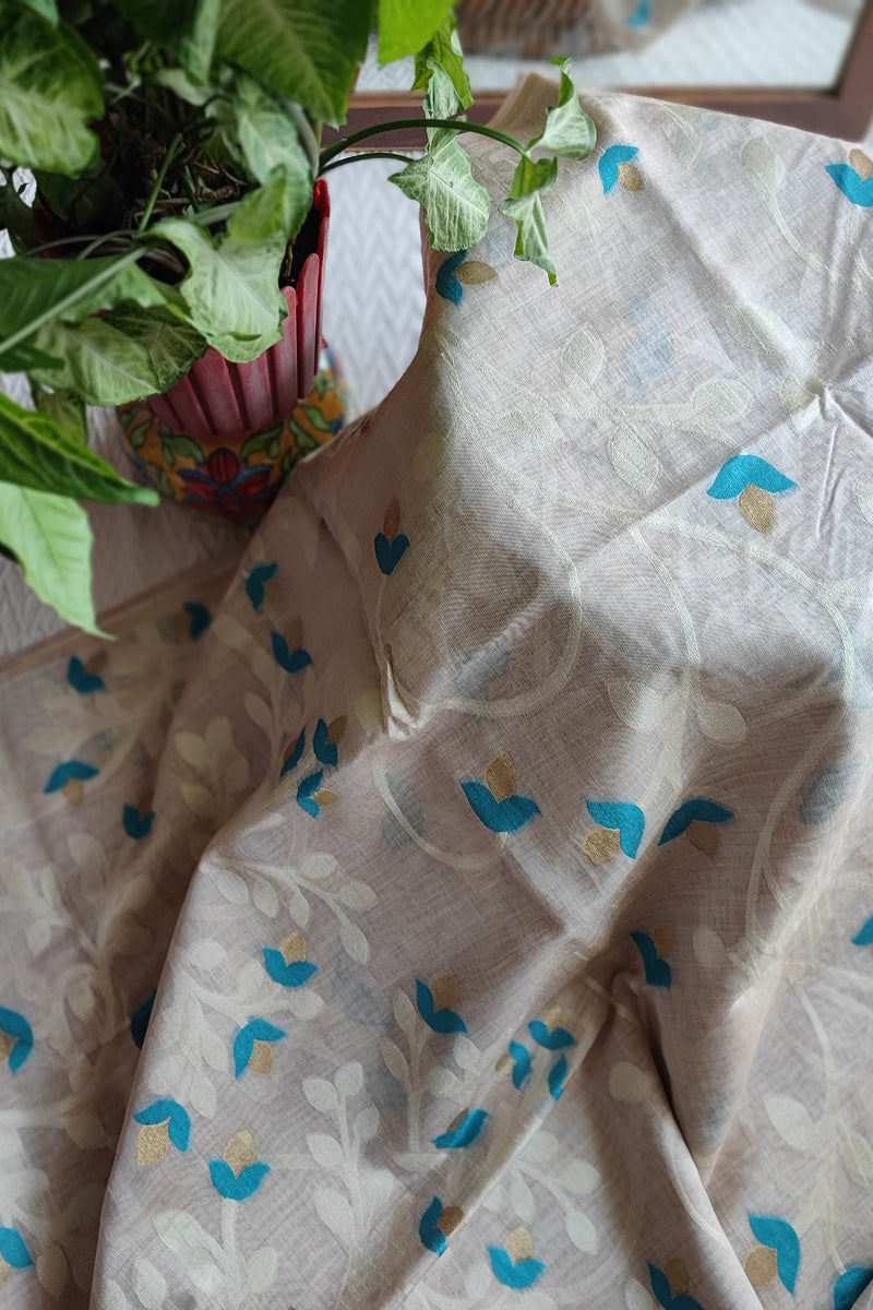 Cream Jaamdani Saree with Blue & Gold Leaf Print