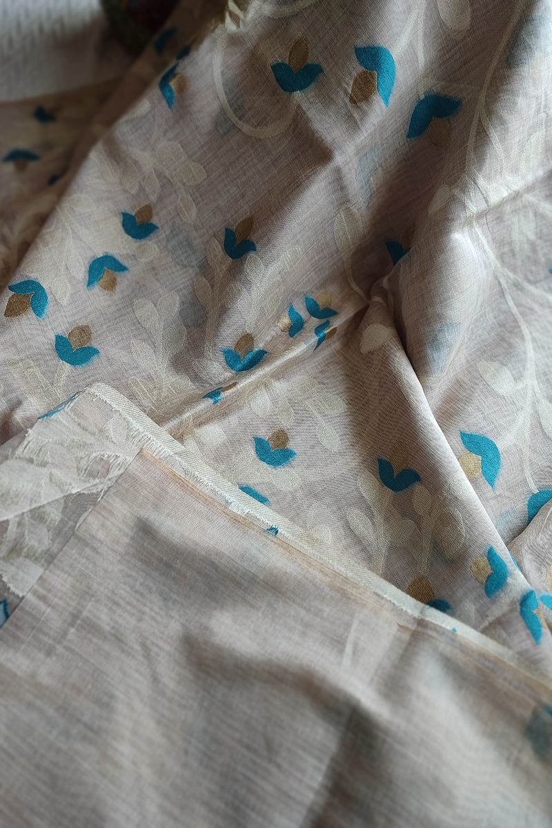 Cream Jaamdani Saree with Blue & Gold Leaf Print