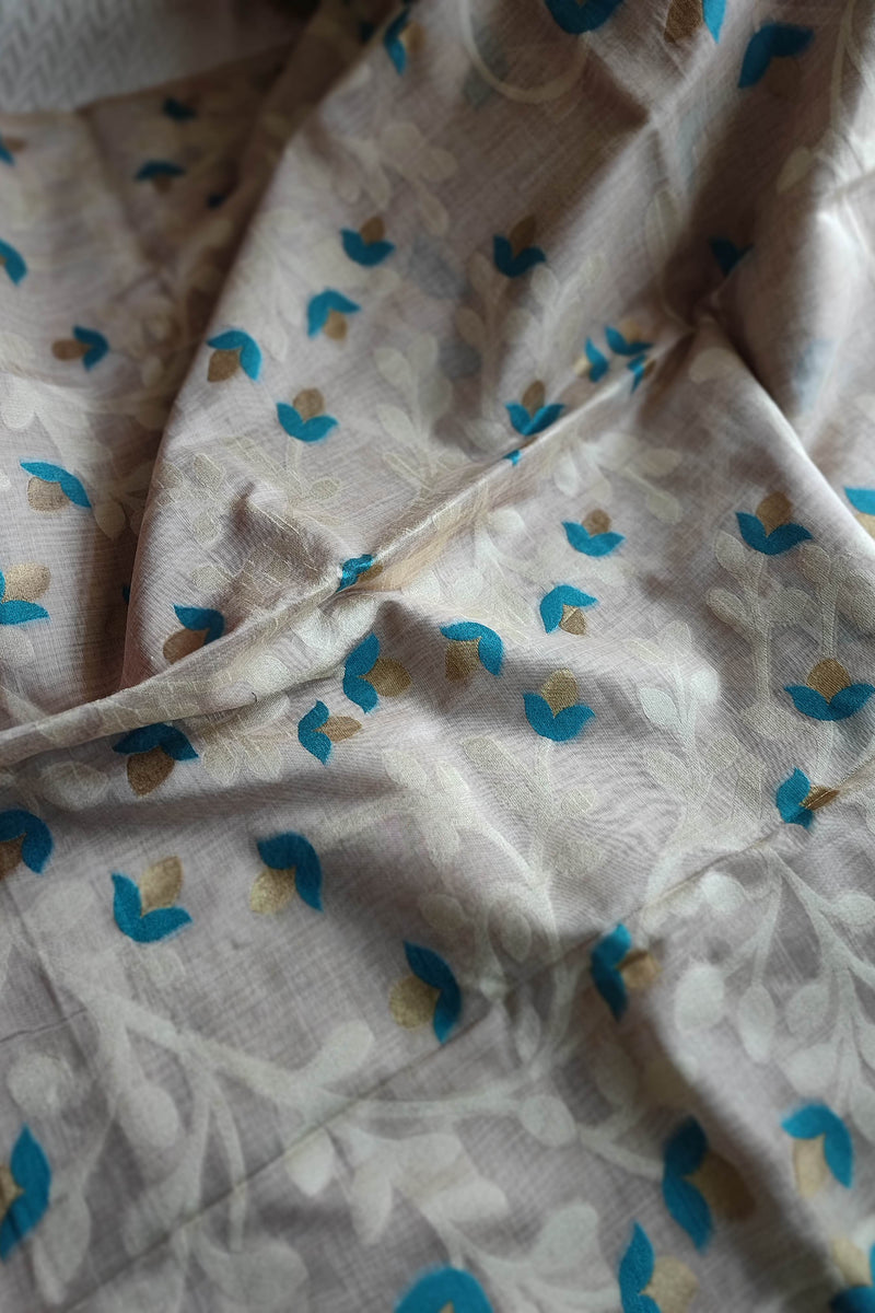 Cream Jaamdani Saree with Blue & Gold Leaf Print
