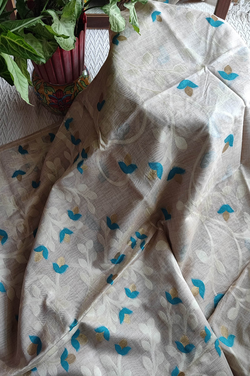 Cream Jaamdani Saree with Blue & Gold Leaf Print