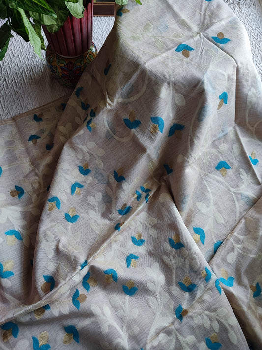 Cream Jaamdani Saree with Blue & Gold Leaf Print