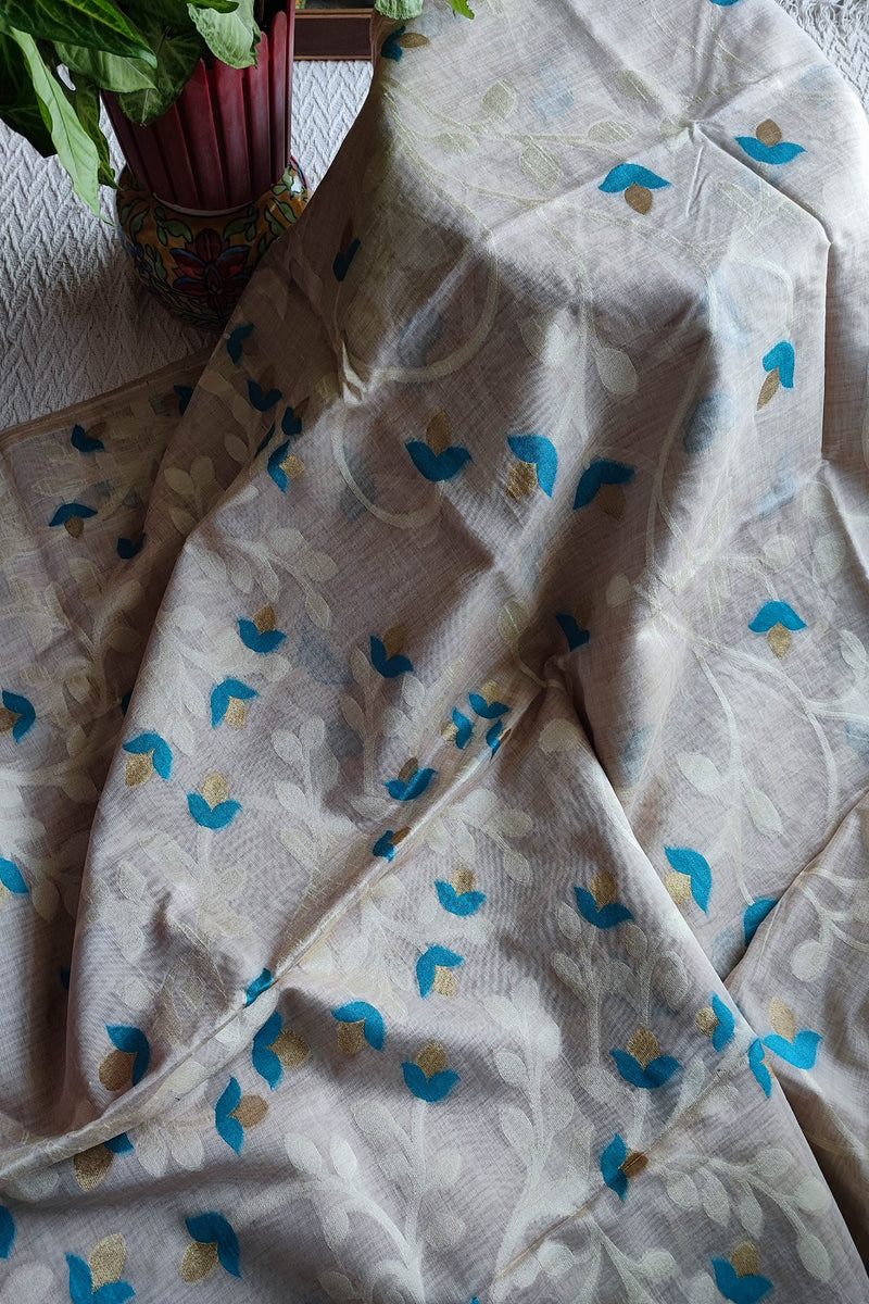 Cream Jaamdani Saree with Blue & Gold Leaf Print