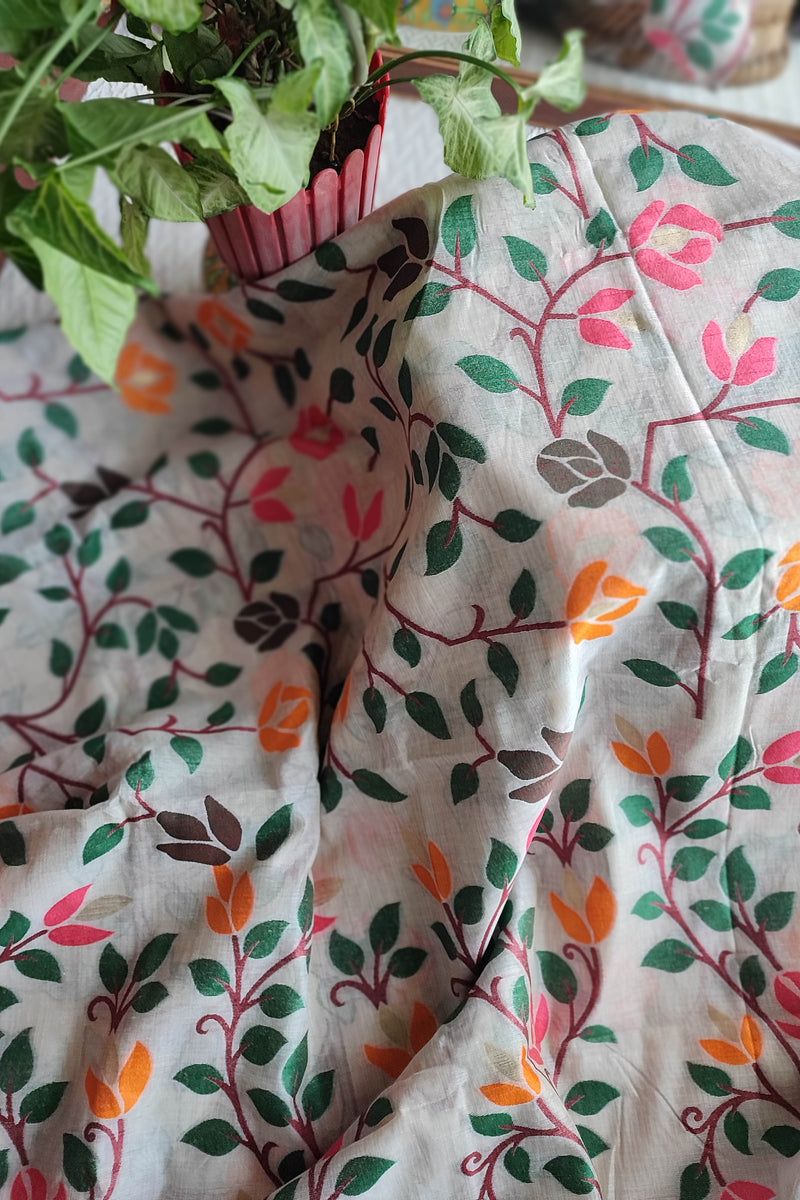 Cream Jamdani Saree with Multicolour Leaf & Vine Print