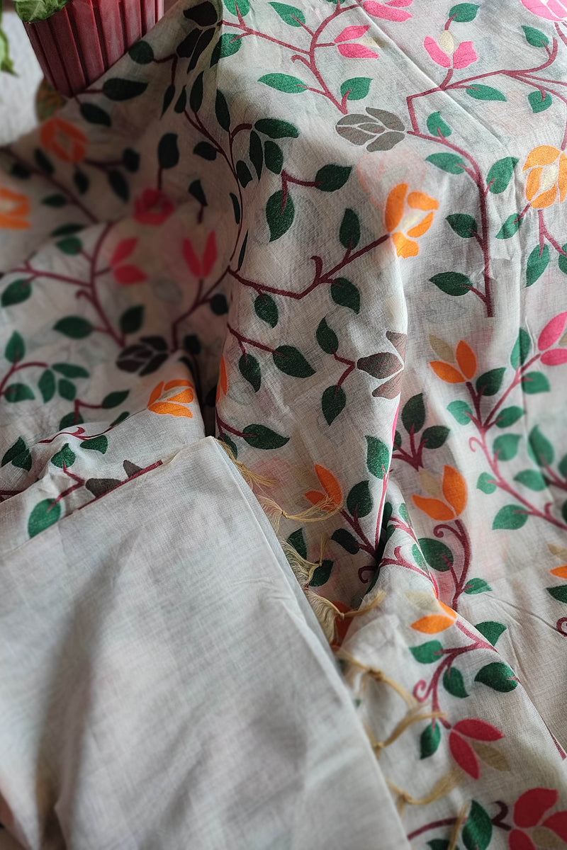 Cream Jamdani Saree with Multicolour Leaf & Vine Print