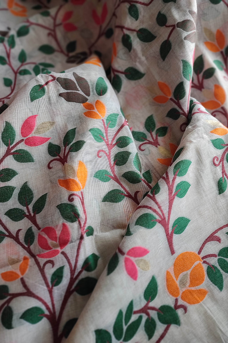 Cream Jamdani Saree with Multicolour Leaf & Vine Print