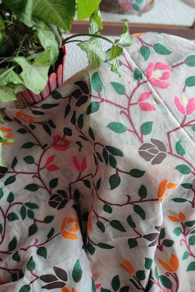 Cream Jamdani Saree with Multicolour Leaf & Vine Print