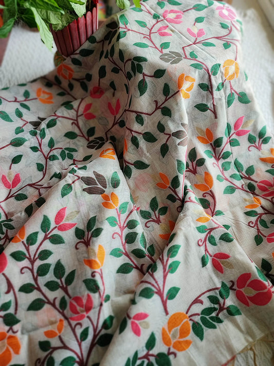 Cream Jamdani Saree with Multicolour Leaf & Vine Print