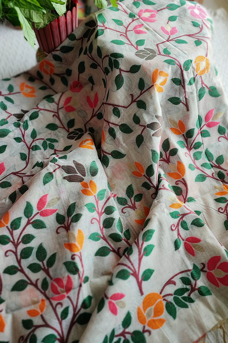 Cream Jamdani Saree with Multicolour Leaf & Vine Print
