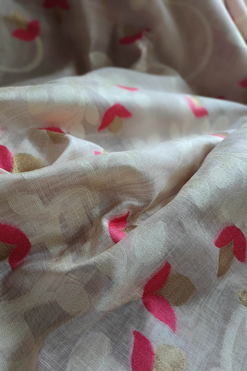 Beige Jaamdani Saree with Pink Floral Motifs & Elegant Woven Pattern