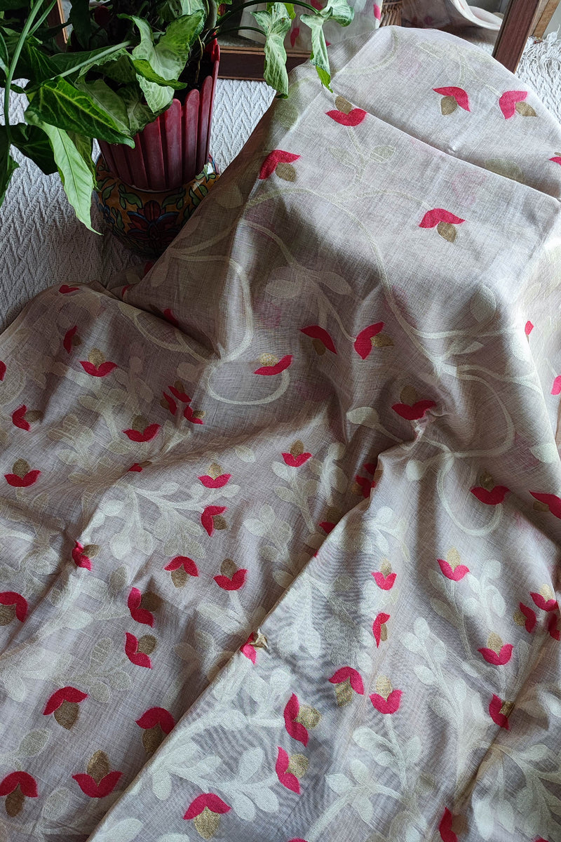 Beige Jaamdani Saree with Pink Floral Motifs & Elegant Woven Pattern