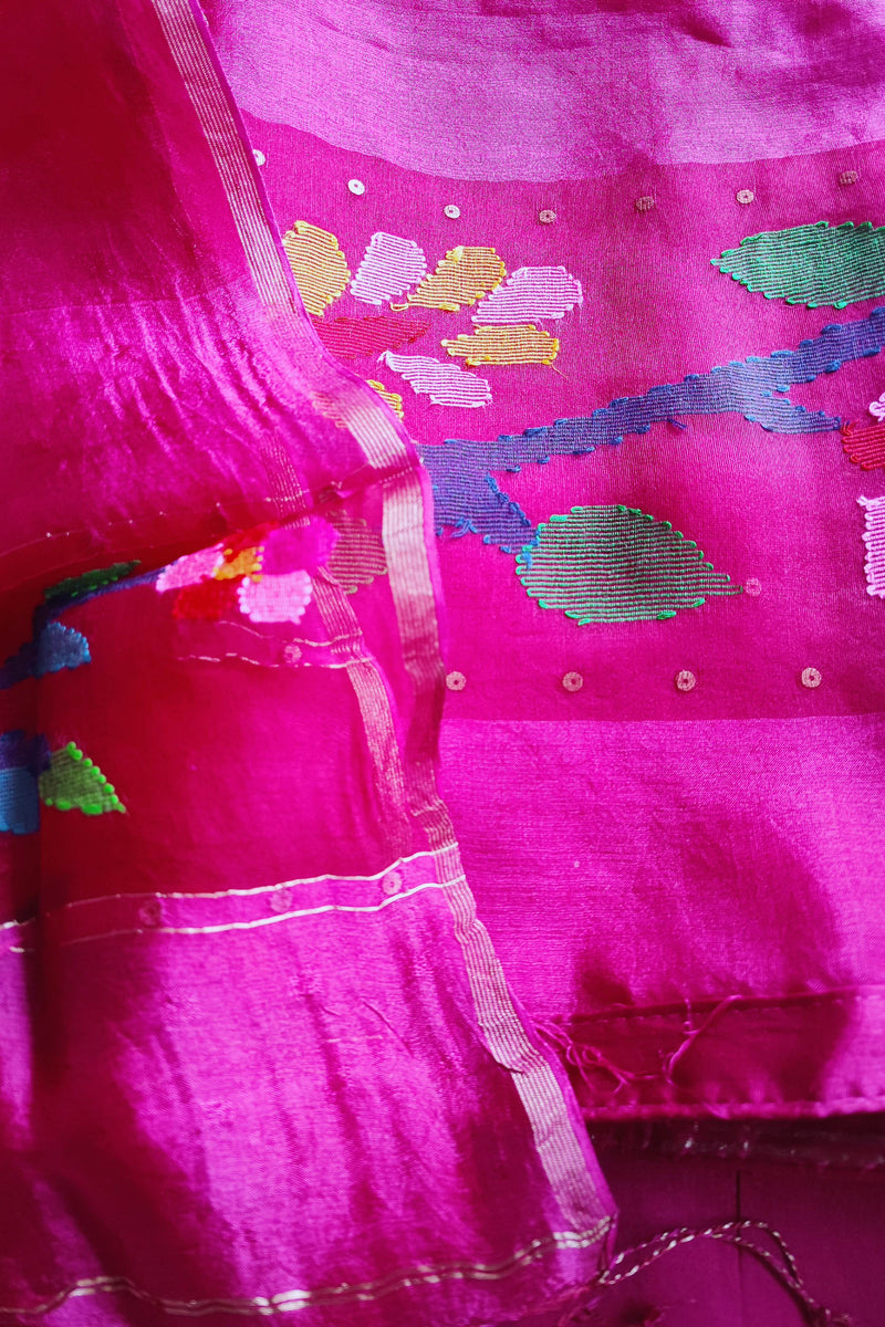 Royal Rani Pink Pure Organza silk Unstitched Suit Material with Multicolour Woven Floral Border