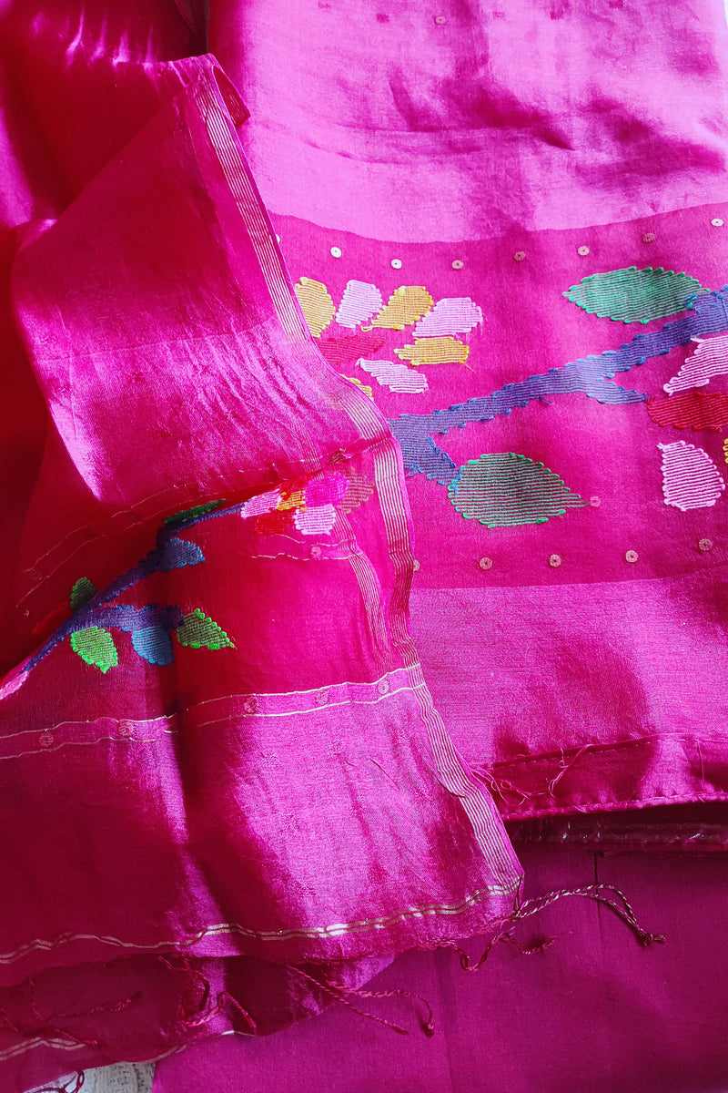 Royal Rani Pink Pure Organza silk Unstitched Suit Material with Multicolour Woven Floral Border