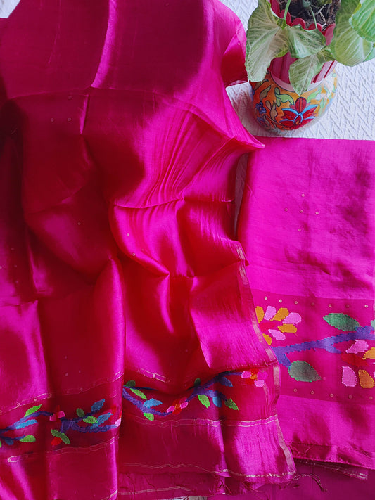 Royal Rani Pink Pure Organza silk Unstitched Suit Material with Multicolour Woven Floral Border