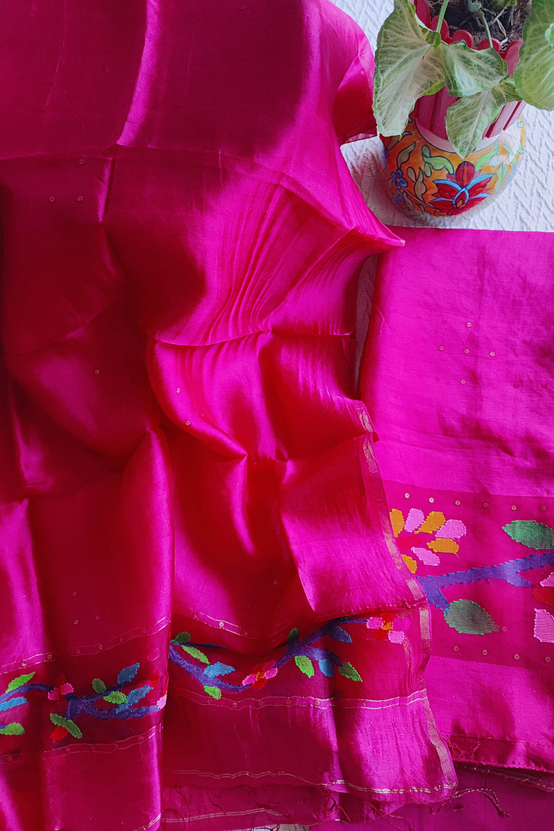 Royal Rani Pink Pure Organza silk Unstitched Suit Material with Multicolour Woven Floral Border